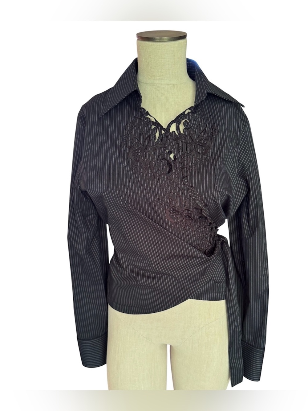 Vintage ANDY THE ANH For POW Black Striped Lace Wrap Blouse Sz L